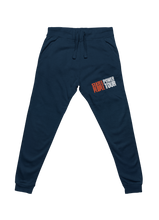 Load image into Gallery viewer, Navy blue jogger sweatpants with drawstrings and side pockets, featuring the &quot;State of the People Power Tour&quot; logo in orange, black, and white on the upper left thigh.
