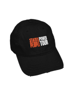 Load image into Gallery viewer, Distressed dad hats in black  featuring the &quot;State of the People Power Tour&quot; logo in bold orange and white across the front.
