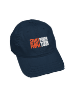 Load image into Gallery viewer, Distressed dad hats in navy blue  featuring the &quot;State of the People Power Tour&quot; logo in bold orange and black across the front.
