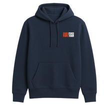 Load image into Gallery viewer, Navy blue pullover hoodie with drawstrings and a front pocket, featuring the &quot;State of the People Power Tour&quot; logo in orange and white lettering on the left chest.
