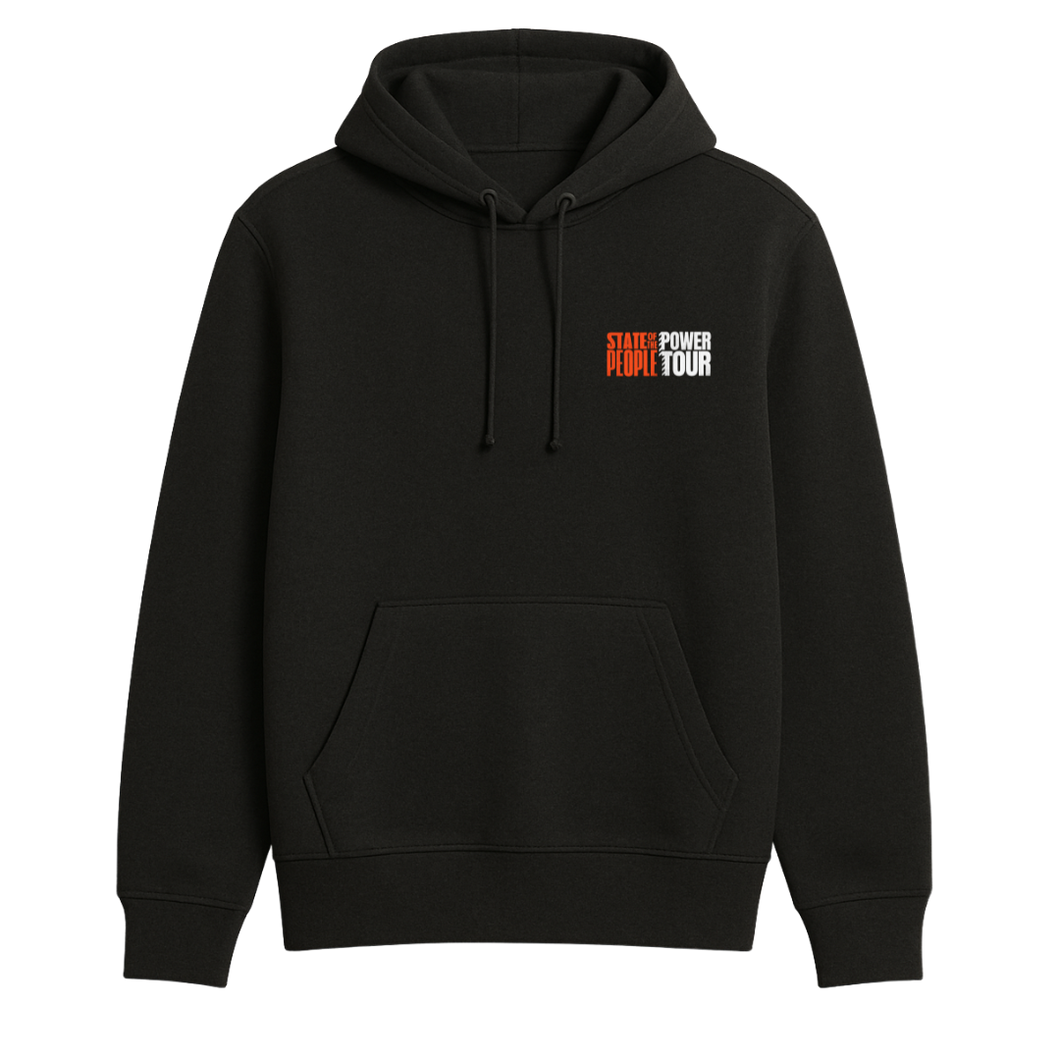 Black pullover hoodie with drawstrings and a front pocket, showcasing the 