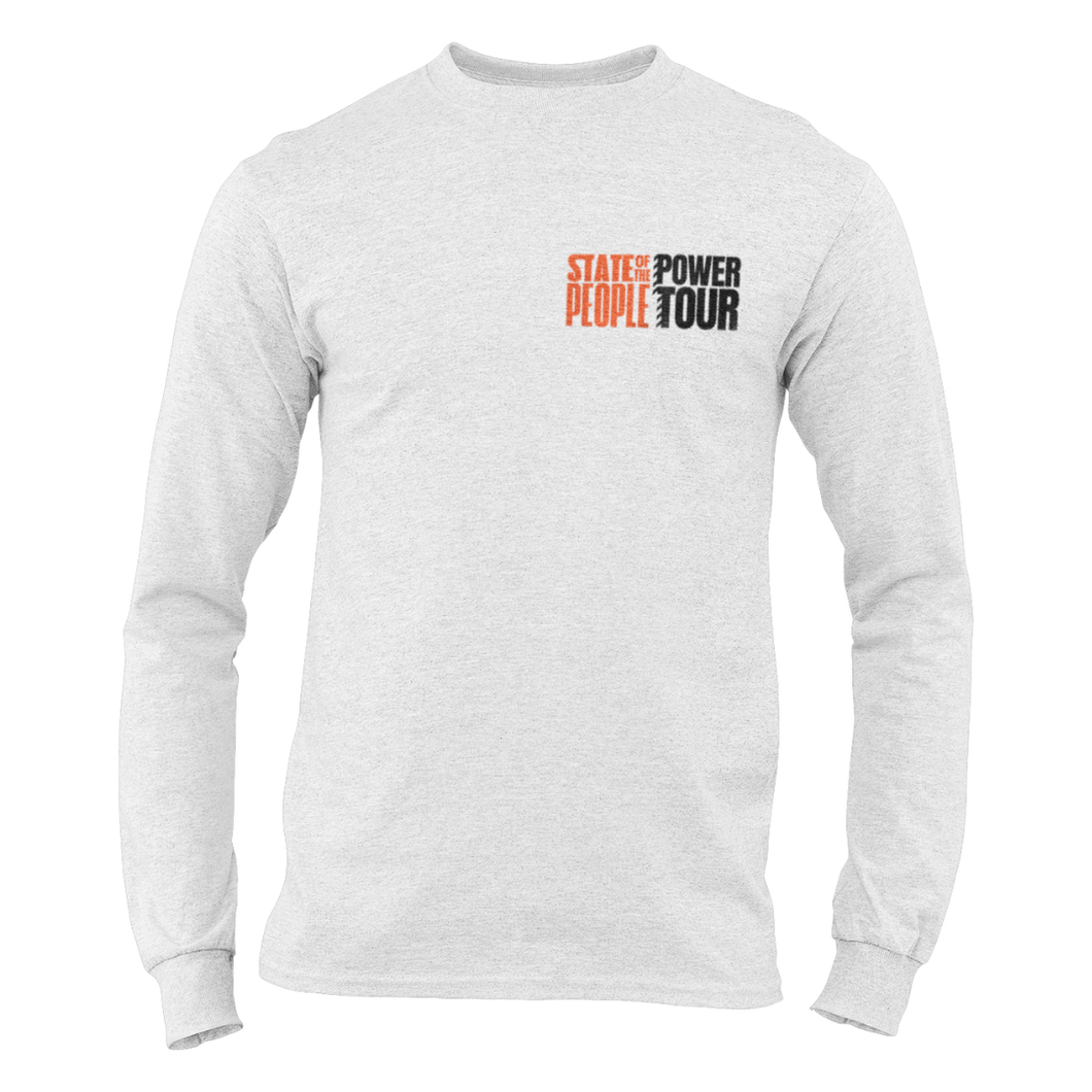 White long-sleeve crewneck shirt featuring the 