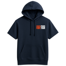 Load image into Gallery viewer, Navy Blue short-sleeve pullover hoodie with drawstrings and a front pocket, displaying the &quot;State of the People Power Tour&quot; logo in orange and white lettering on the left chest.
