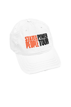 Load image into Gallery viewer, Distressed dad hats in  white featuring the &quot;State of the People Power Tour&quot; logo in bold orange and black across the front.
