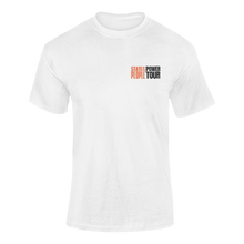Load image into Gallery viewer, White unisex short-sleeve t-shirt featuring the &quot;State of the People Power Tour&quot; logo in orange and white lettering on the left chest, displayed against a transparent background.
