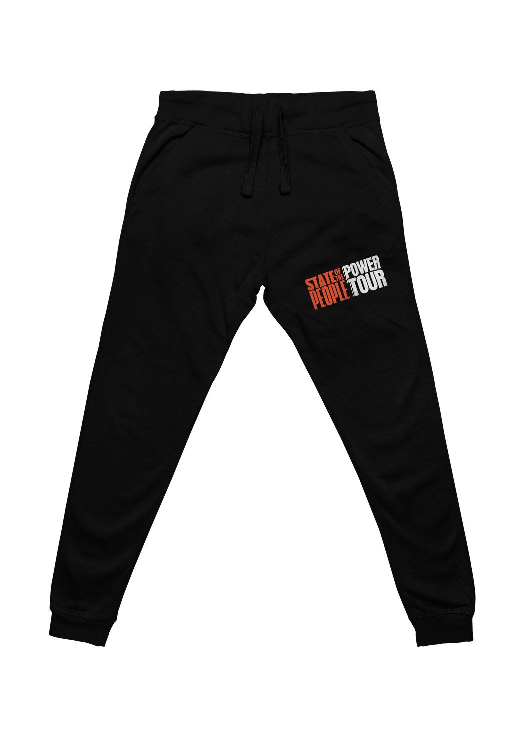 Black jogger sweatpants with drawstrings and side pockets, featuring the 