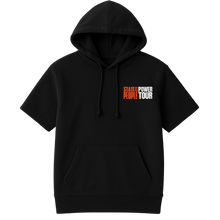 Load image into Gallery viewer, Black short-sleeve pullover hoodie with drawstrings and a front pocket, displaying the &quot;State of the People Power Tour&quot; logo in orange and white lettering on the left chest.

