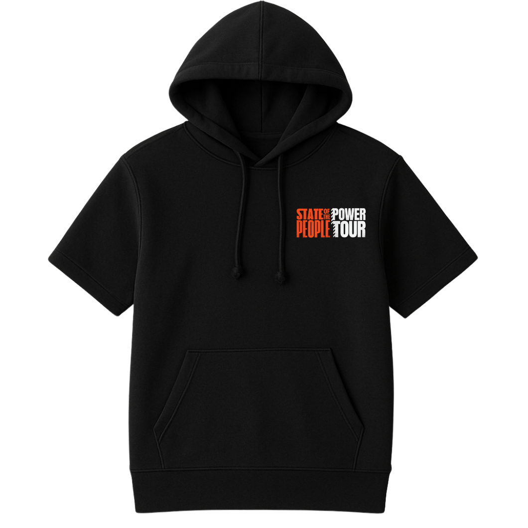 Black short-sleeve pullover hoodie with drawstrings and a front pocket, displaying the 